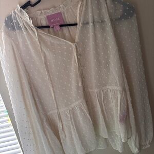 Muse Cream Swiss Dot Peasant Top with Ruffle Hem